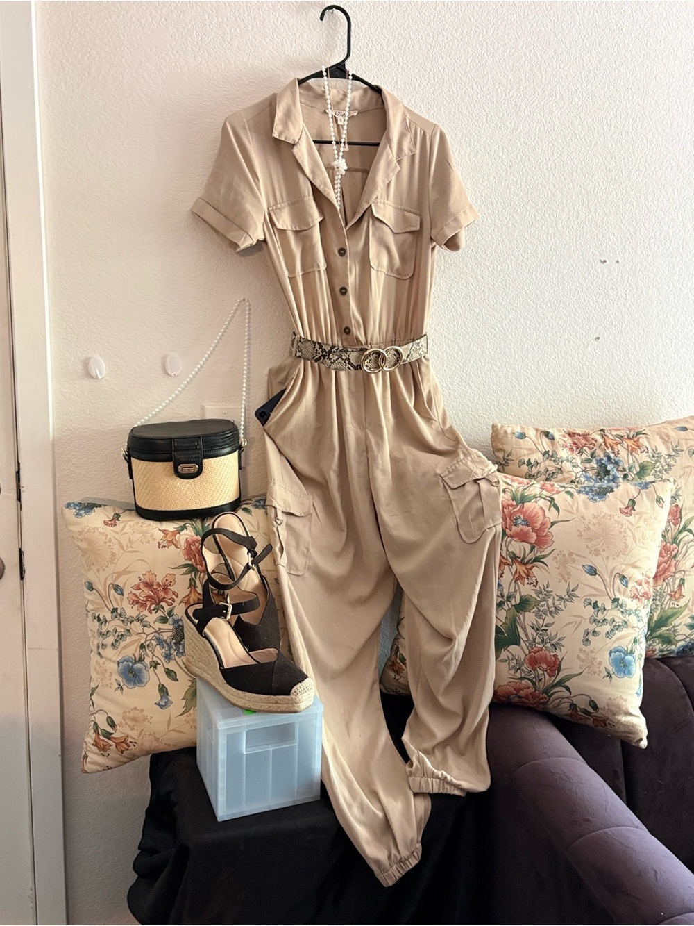 LN Beige Short-Sleeve Utility Cargo Romper with Elastic Waist